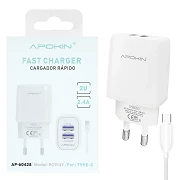 Cargador Doble USB-A 2.4 A Cable Tipo-C APOKIN PC913Y - Blanco