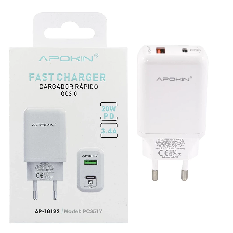 Cargador Rapido 20w PDTipoC+USB3.1 5.2A APOKIN sin Cable Blanco